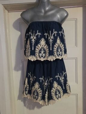 Navy Blue Strapless Embroidered Skirt Set